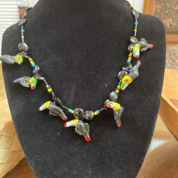 Whimsical Toucan beaded necklace with onyx beads. 16 inches long. - Picture 2 of 5